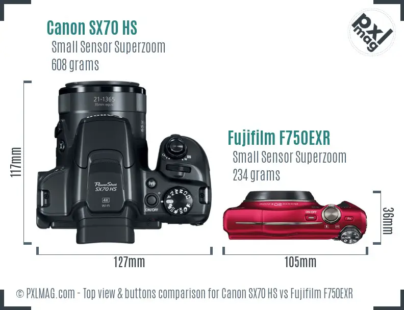 Canon SX70 HS vs Fujifilm F750EXR top view buttons comparison