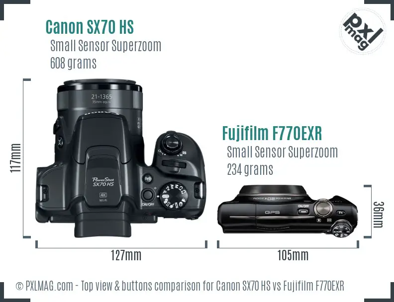 Canon SX70 HS vs Fujifilm F770EXR top view buttons comparison