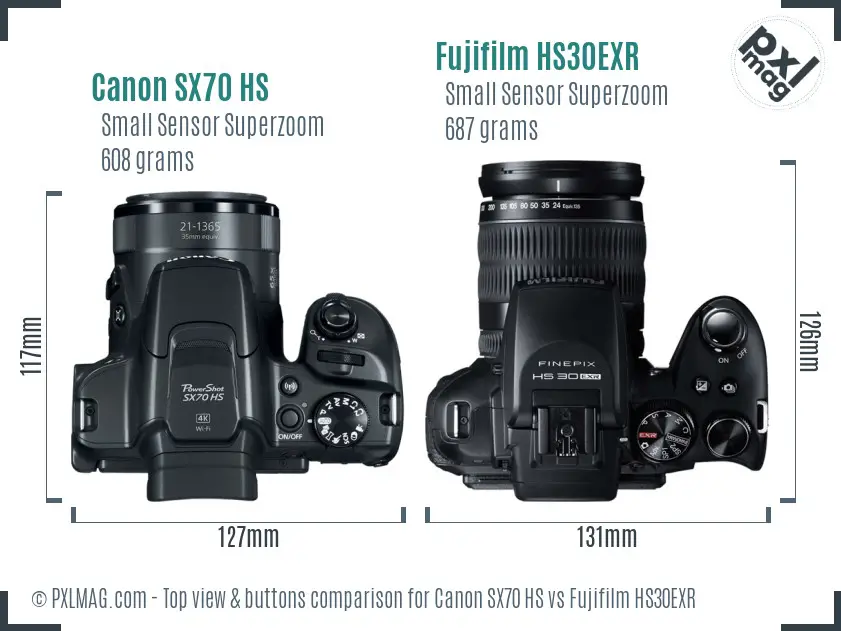 Canon SX70 HS vs Fujifilm HS30EXR top view buttons comparison