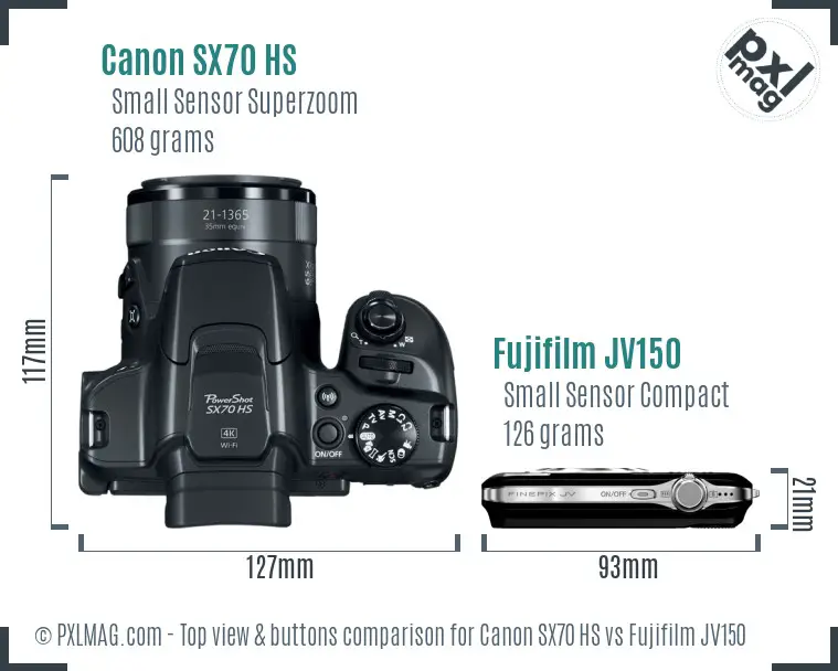 Canon SX70 HS vs Fujifilm JV150 top view buttons comparison Canon SX70 HS vs Fujifilm JV150 top view buttons comparison