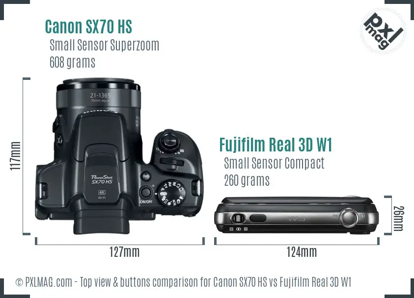 Canon SX70 HS vs Fujifilm Real 3D W1 top view buttons comparison