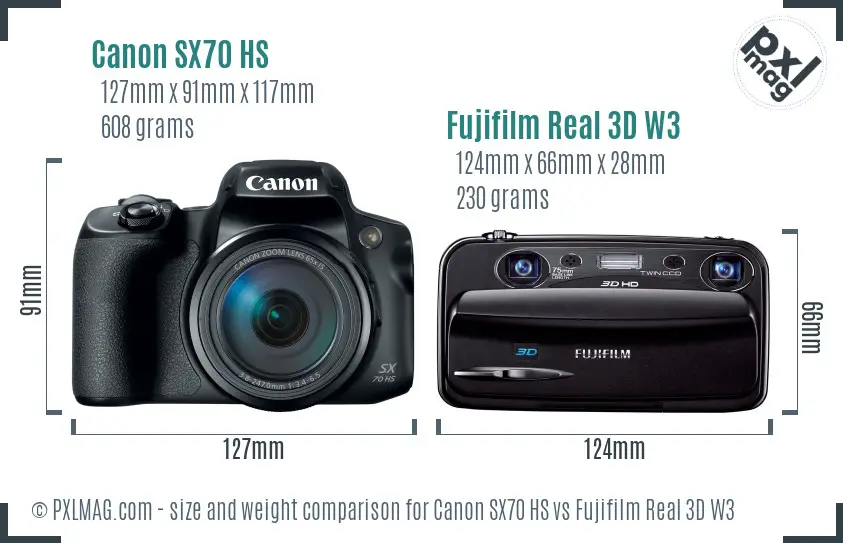 Canon SX70 HS vs Fujifilm Real 3D W3 size comparison