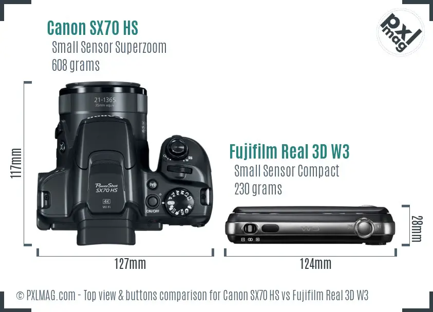 Canon SX70 HS vs Fujifilm Real 3D W3 top view buttons comparison