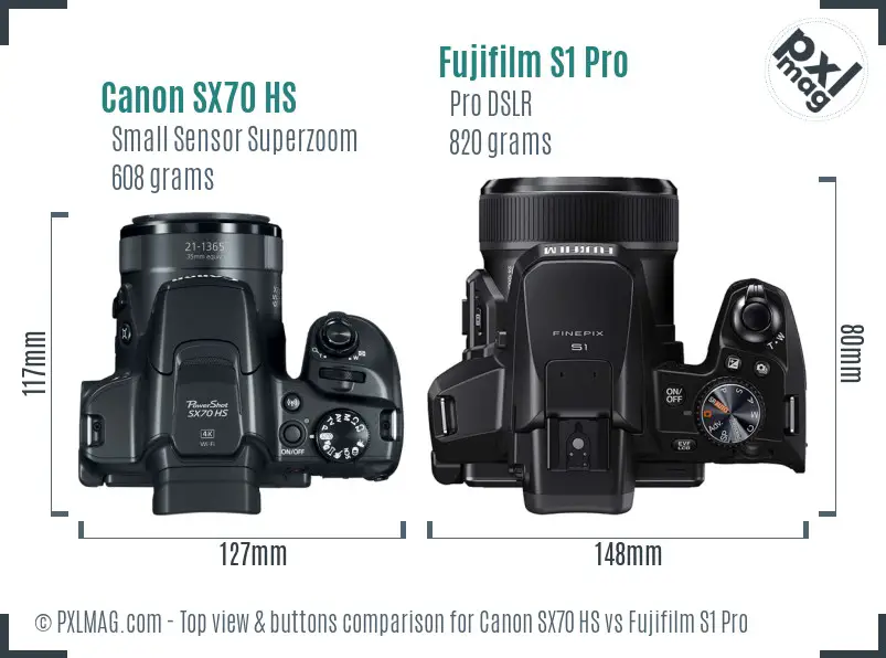 Canon SX70 HS vs Fujifilm S1 Pro top view buttons comparison Canon SX70 HS vs Fujifilm S1 Pro top view buttons comparison