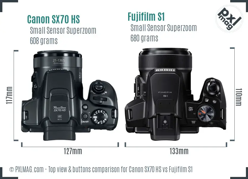 Canon SX70 HS vs Fujifilm S1 top view buttons comparison