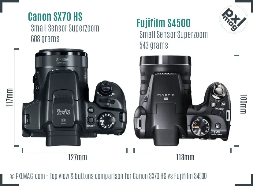Canon SX70 HS vs Fujifilm S4500 top view buttons comparison
