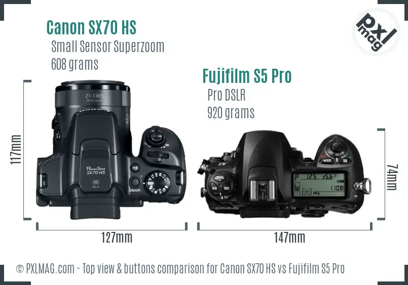 Canon SX70 HS vs Fujifilm S5 Pro top view buttons comparison Canon SX70 HS vs Fujifilm S5 Pro top view buttons comparison