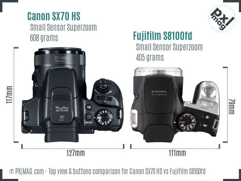 Canon SX70 HS vs Fujifilm S8100fd top view buttons comparison