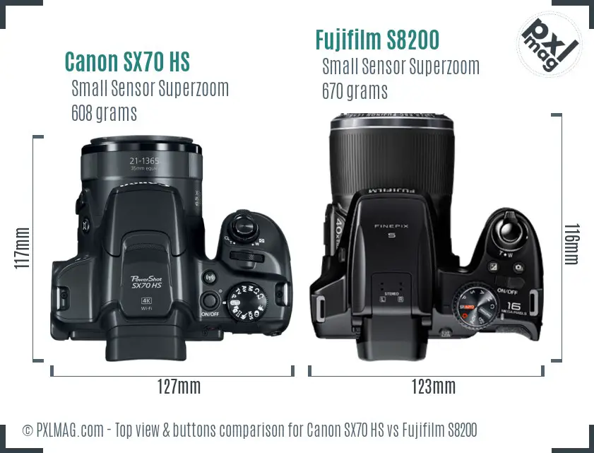 Canon SX70 HS vs Fujifilm S8200 top view buttons comparison