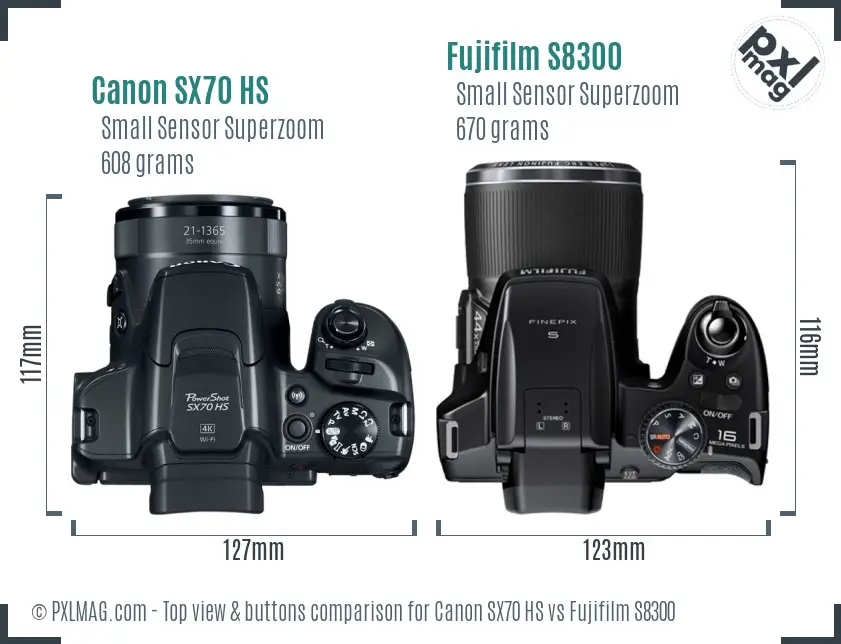 Canon SX70 HS vs Fujifilm S8300 top view buttons comparison