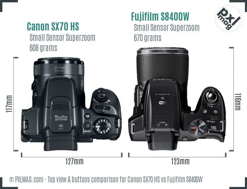 Canon SX70 HS vs Fujifilm S8400W top view buttons comparison