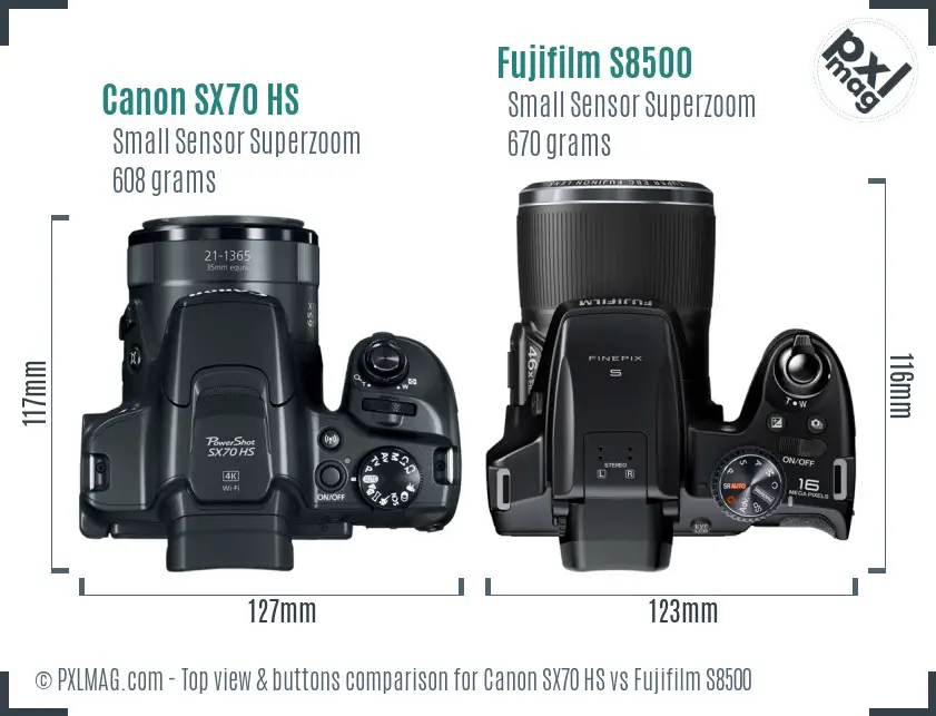Canon SX70 HS vs Fujifilm S8500 top view buttons comparison