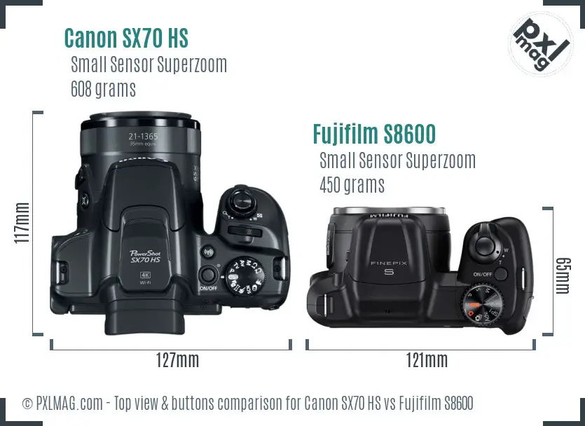 Canon SX70 HS vs Fujifilm S8600 top view buttons comparison