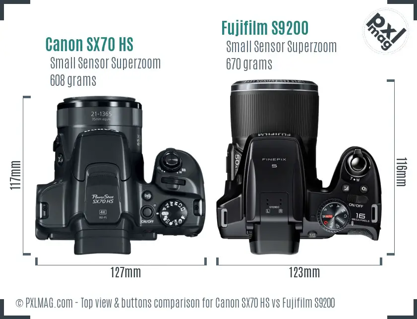 Canon SX70 HS vs Fujifilm S9200 top view buttons comparison