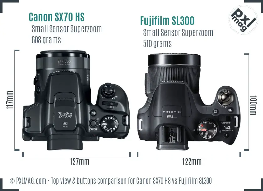 Canon SX70 HS vs Fujifilm SL300 top view buttons comparison