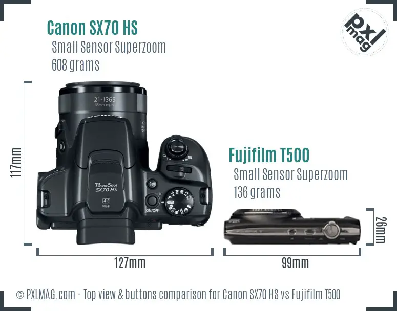 Canon SX70 HS vs Fujifilm T500 top view buttons comparison