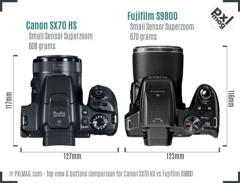 Canon SX70 HS vs Fujifilm S9800 top view buttons comparison