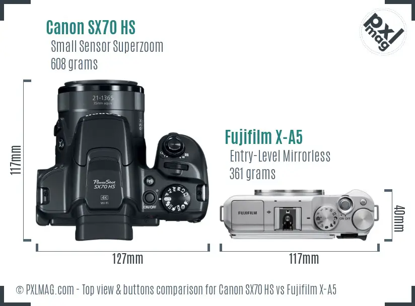 Canon SX70 HS vs Fujifilm X-A5 top view buttons comparison Canon SX70 HS vs Fujifilm X-A5 top view buttons comparison