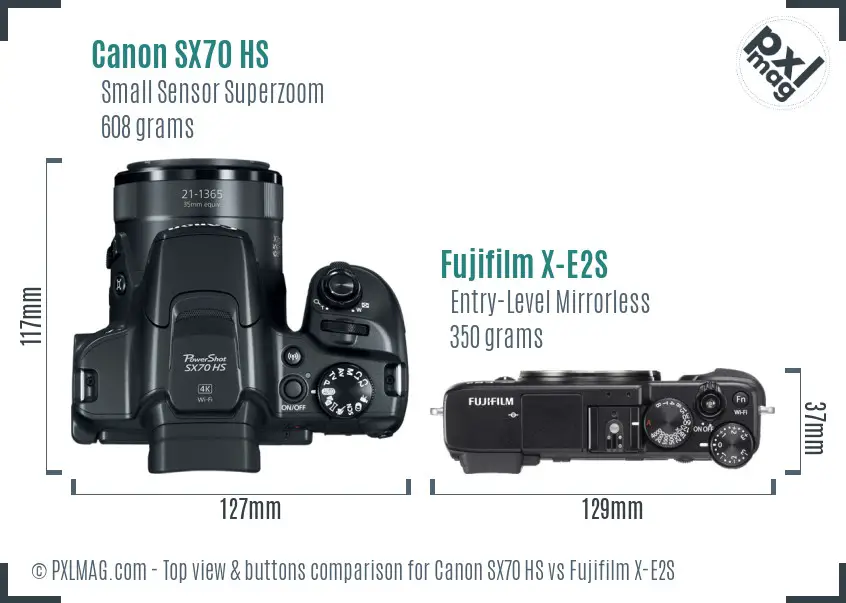 Canon SX70 HS vs Fujifilm X-E2S top view buttons comparison