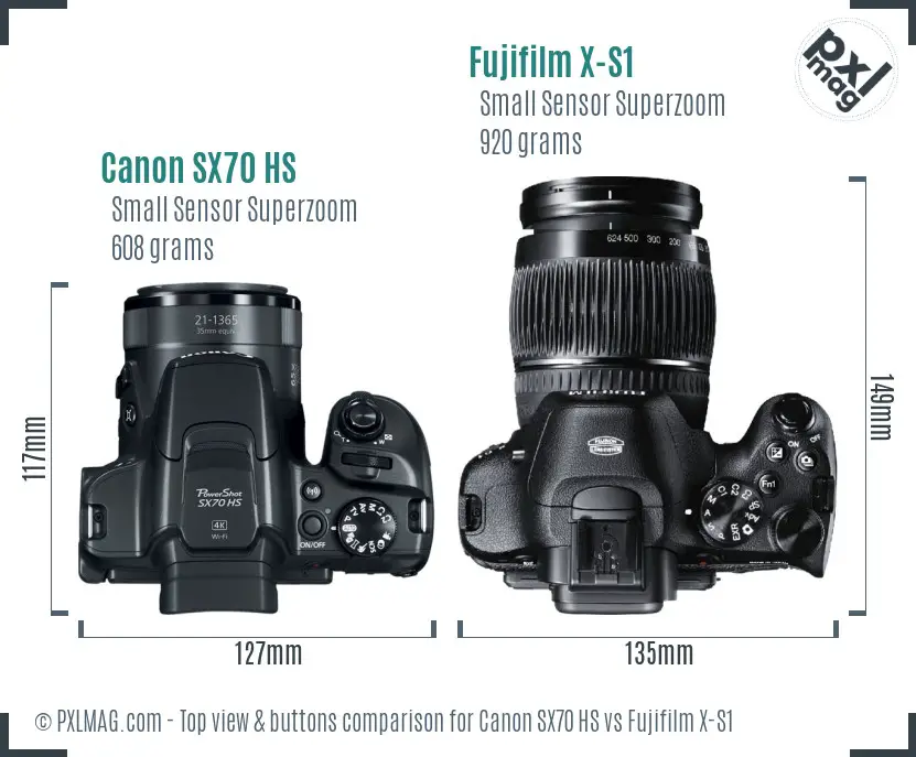 Canon SX70 HS vs Fujifilm X-S1 top view buttons comparison