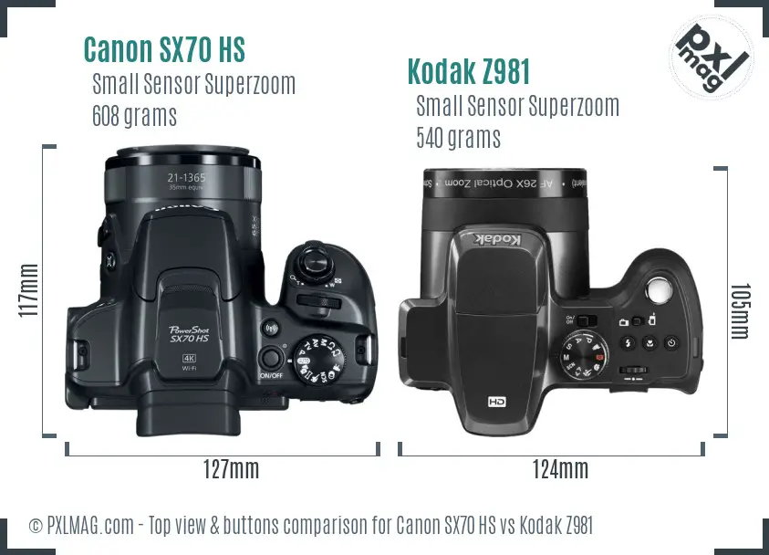 Canon SX70 HS vs Kodak Z981 top view buttons comparison