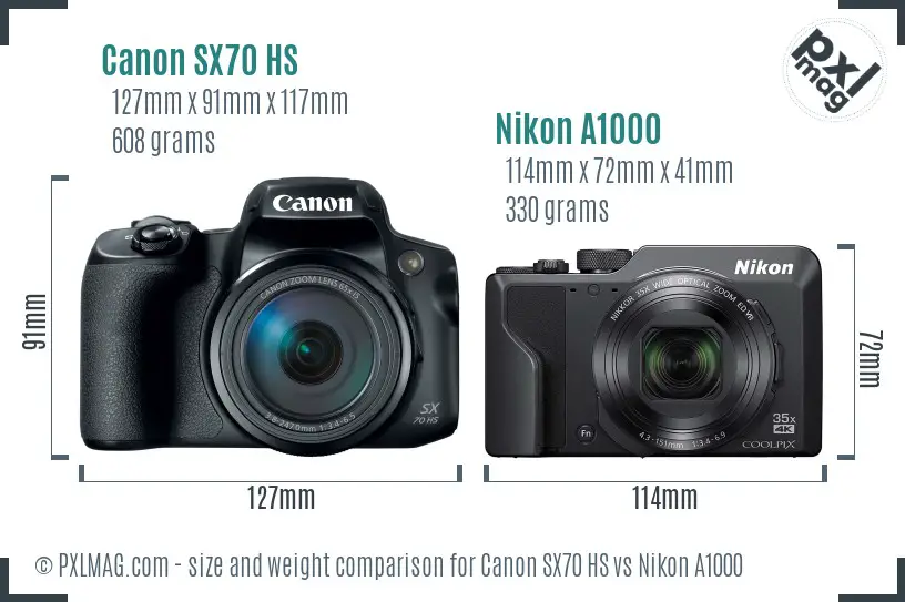 Canon SX70 HS vs Nikon A1000 size comparison