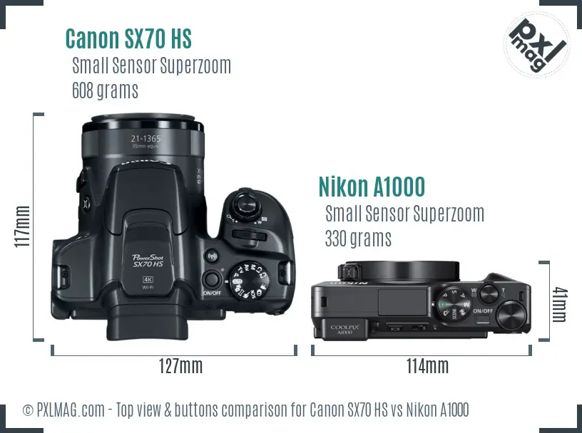 Canon SX70 HS vs Nikon A1000 top view buttons comparison