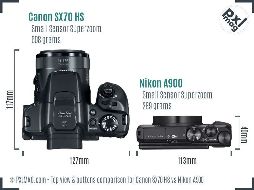 Canon SX70 HS vs Nikon A900 top view buttons comparison