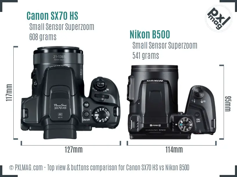 Canon SX70 HS vs Nikon B500 top view buttons comparison