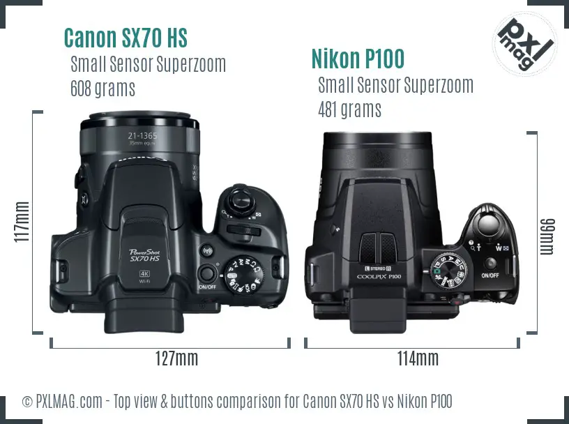 Canon SX70 HS vs Nikon P100 top view buttons comparison