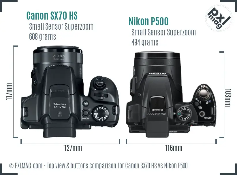 Canon SX70 HS vs Nikon P500 top view buttons comparison