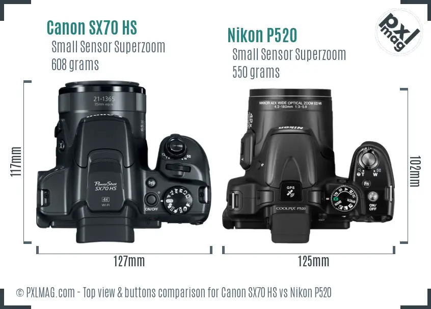 Canon SX70 HS vs Nikon P520 top view buttons comparison