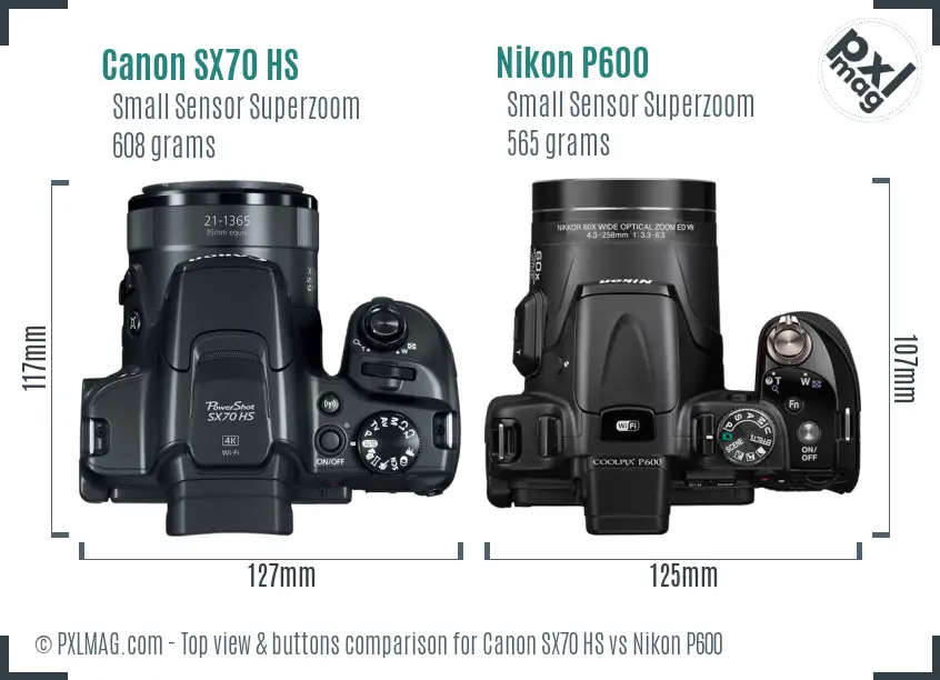 Canon SX70 HS vs Nikon P600 top view buttons comparison