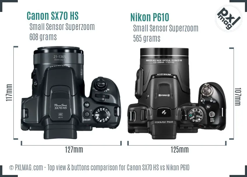 Canon SX70 HS vs Nikon P610 top view buttons comparison