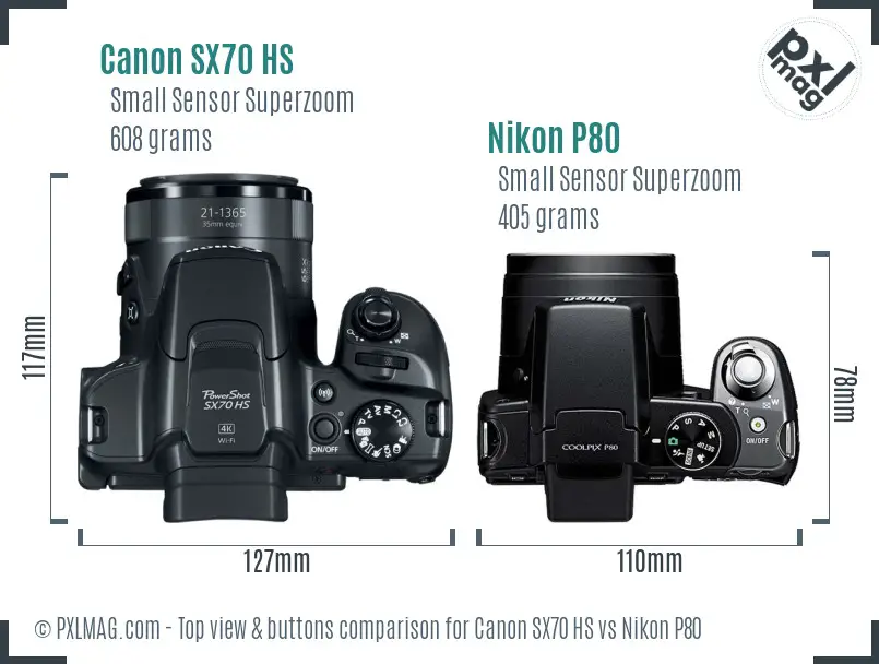Canon SX70 HS vs Nikon P80 top view buttons comparison