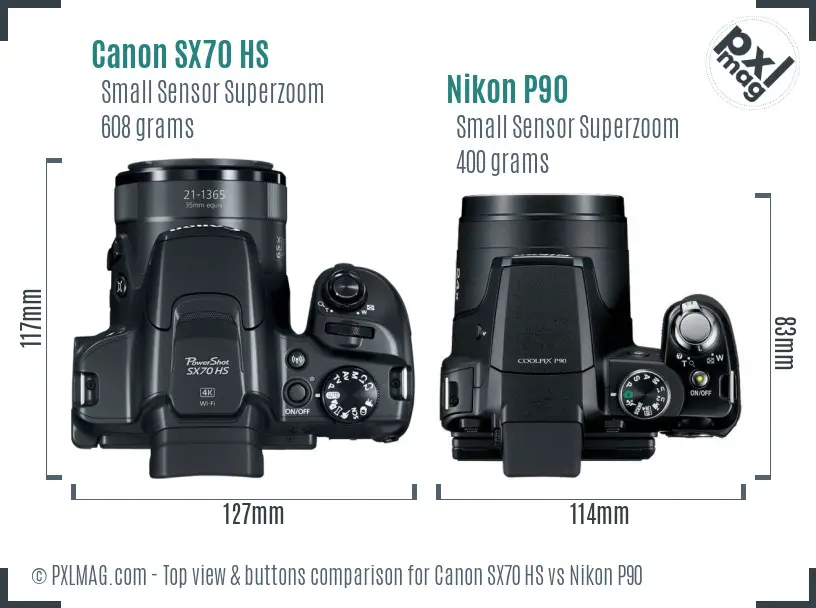 Canon SX70 HS vs Nikon P90 top view buttons comparison