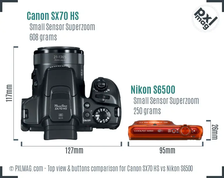 Canon SX70 HS vs Nikon S6500 top view buttons comparison