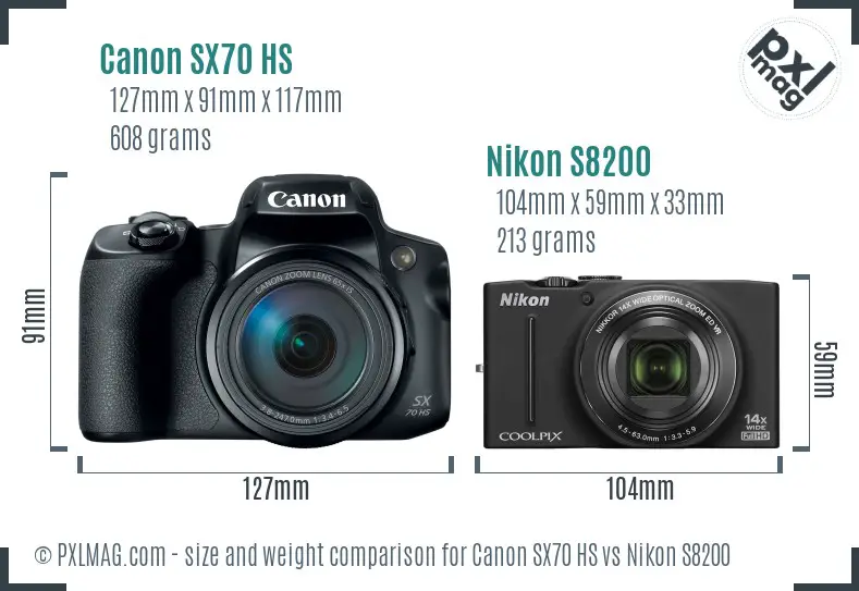 Canon SX70 HS vs Nikon S8200 size comparison