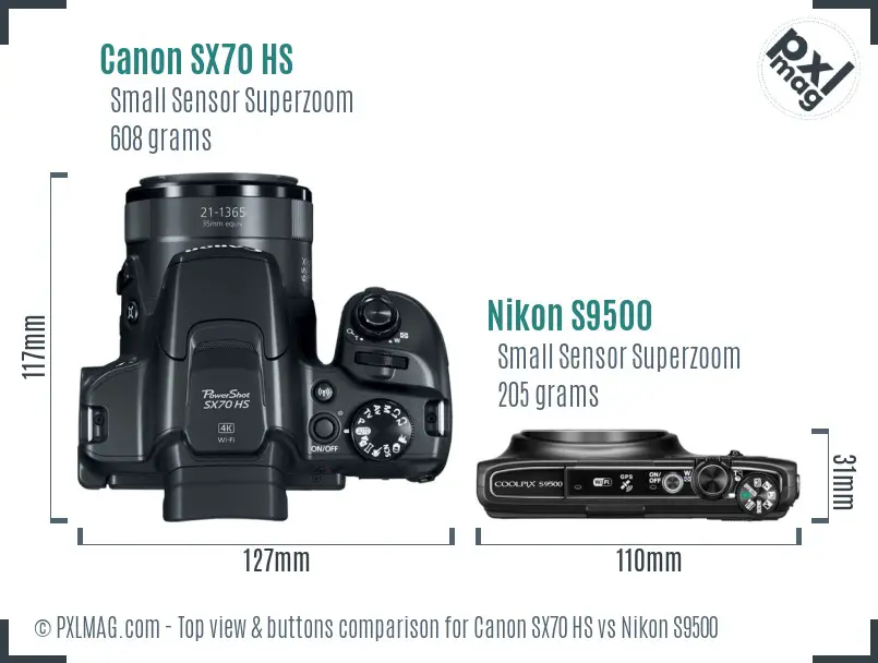 Canon SX70 HS vs Nikon S9500 top view buttons comparison