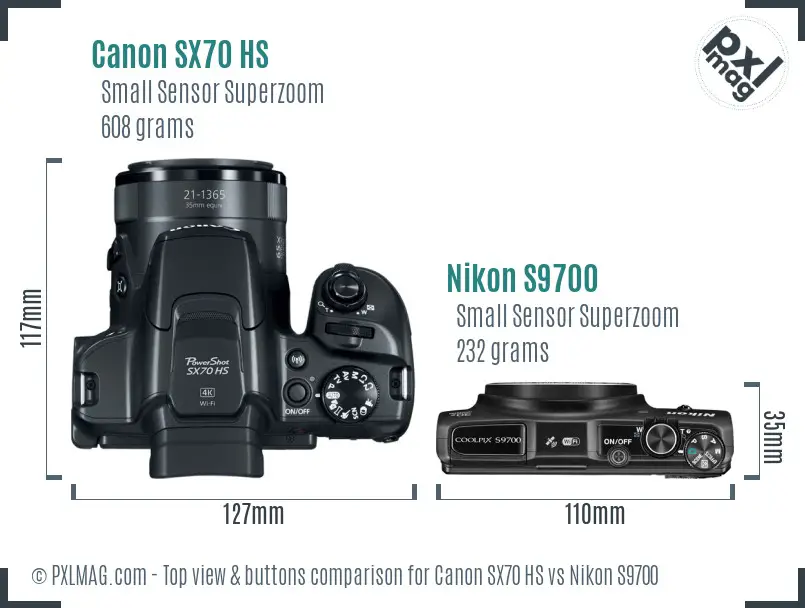 Canon SX70 HS vs Nikon S9700 top view buttons comparison