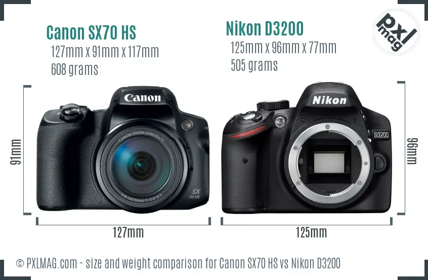 Canon SX70 HS vs Nikon D3200 size comparison