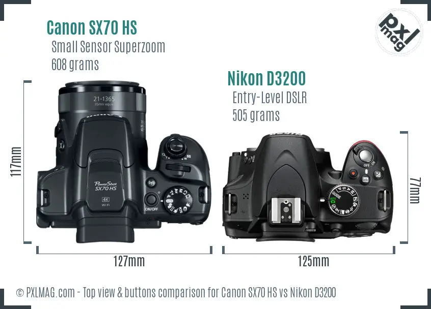 Canon SX70 HS vs Nikon D3200 top view buttons comparison