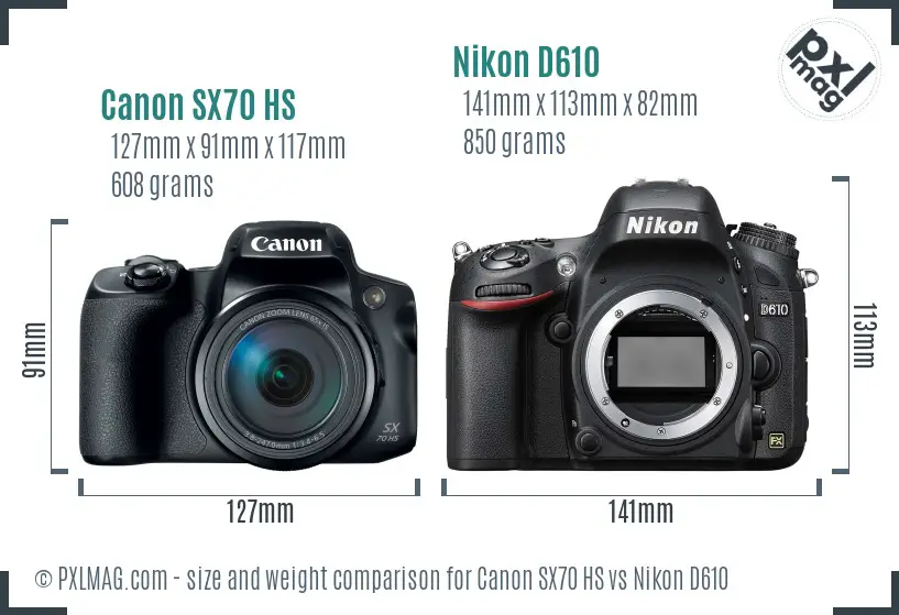 Canon SX70 HS vs Nikon D610 size comparison