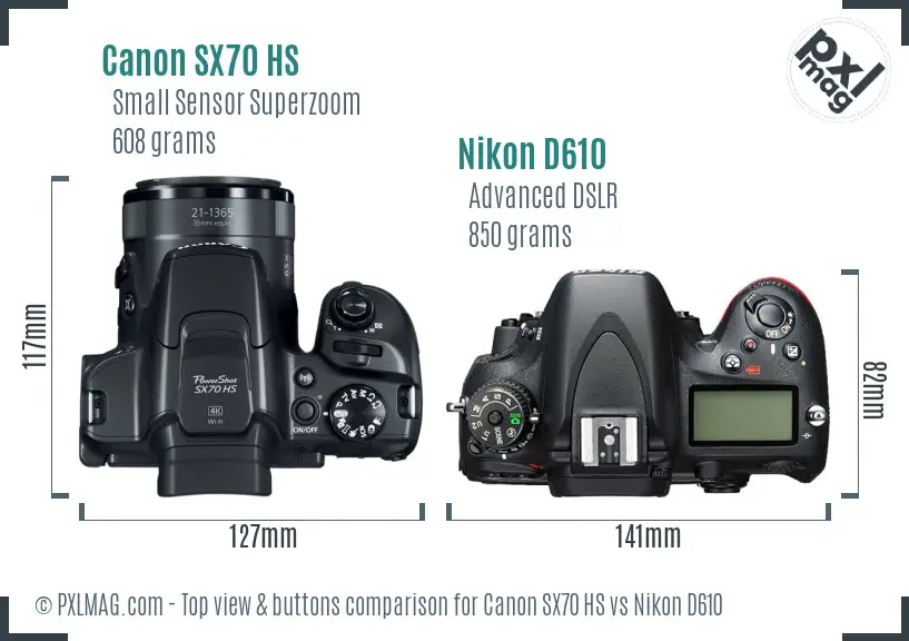 Canon SX70 HS vs Nikon D610 top view buttons comparison