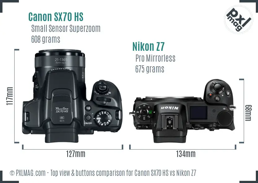 Canon SX70 HS vs Nikon Z7 top view buttons comparison