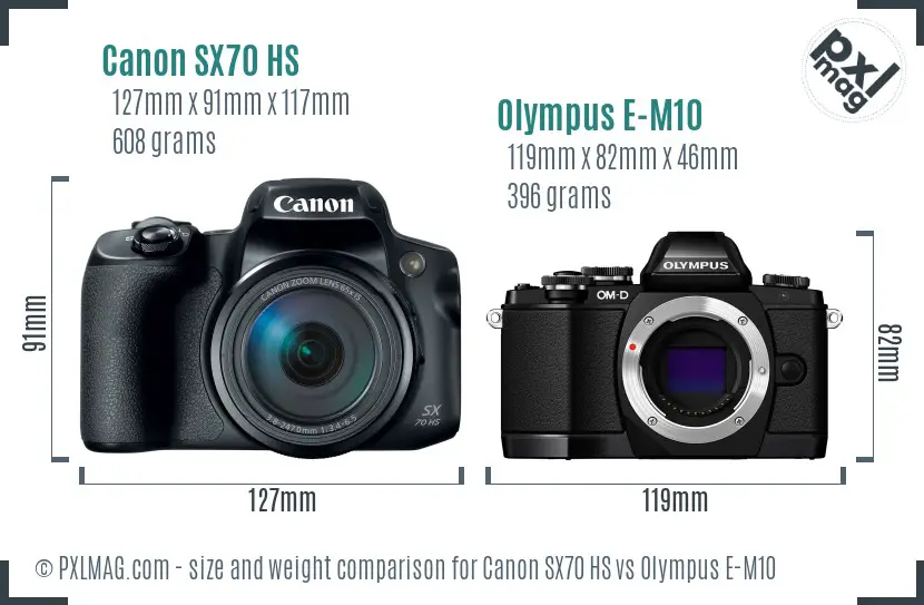 Canon SX70 HS vs Olympus E-M10 size comparison