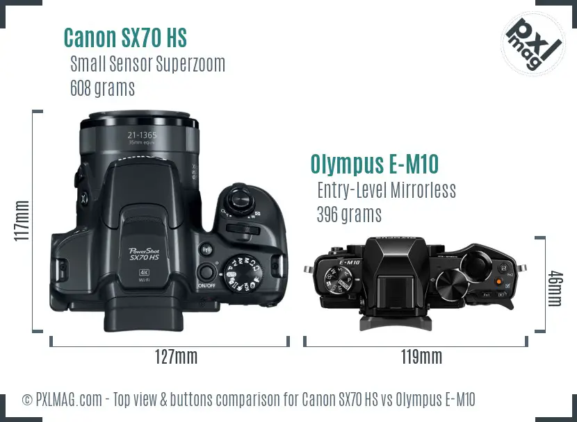 Canon SX70 HS vs Olympus E-M10 top view buttons comparison