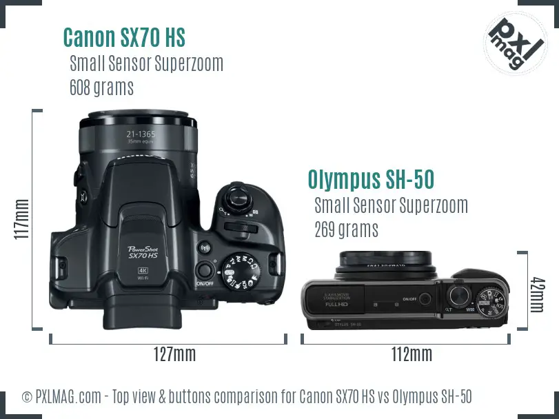 Canon SX70 HS vs Olympus SH-50 top view buttons comparison
