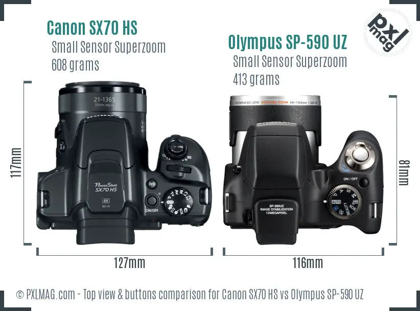 Canon SX70 HS vs Olympus SP-590 UZ top view buttons comparison