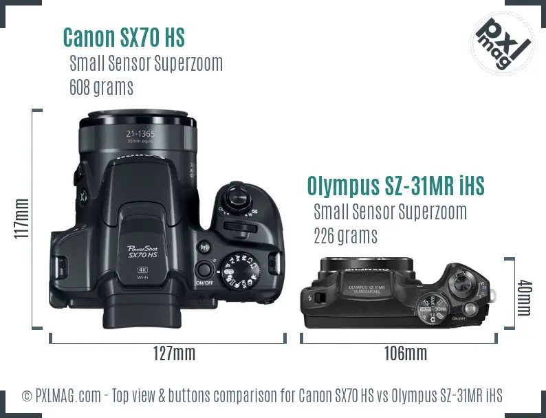 Canon SX70 HS vs Olympus SZ-31MR iHS top view buttons comparison